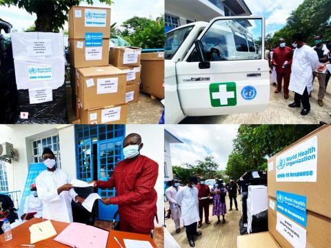 A collage of scenes at the presentation ceremony at WHO Country Office in Freetown