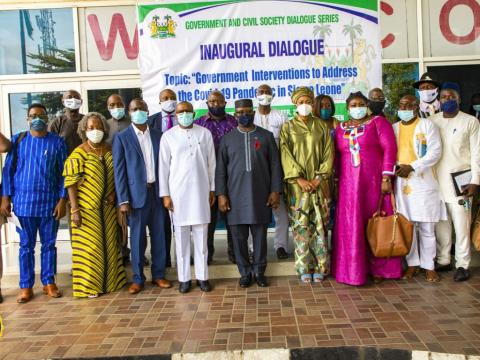President Bio poses with participants at the Public Dialogue with Civil Society Groups event